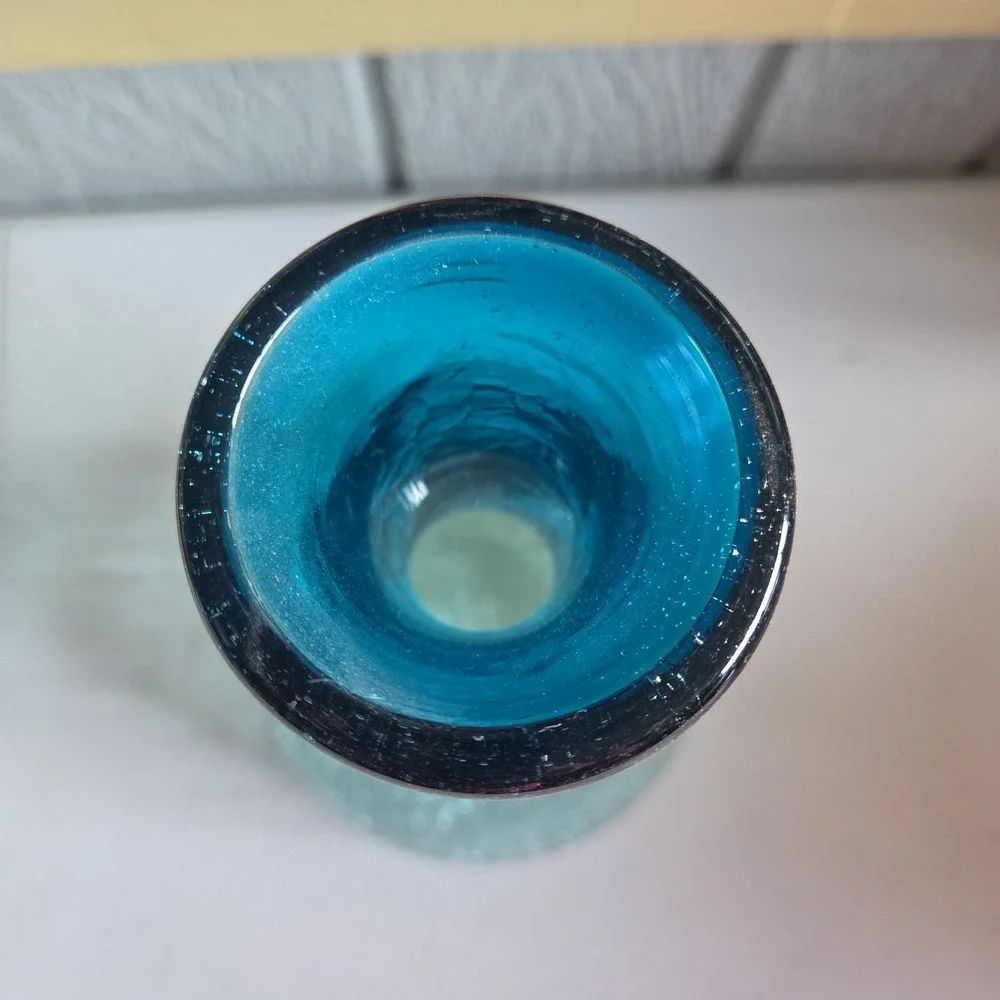 Vintage Hand Blown Crackle Art Glass Aqua Blue Rim Decanter Carafe Vase Mexico
